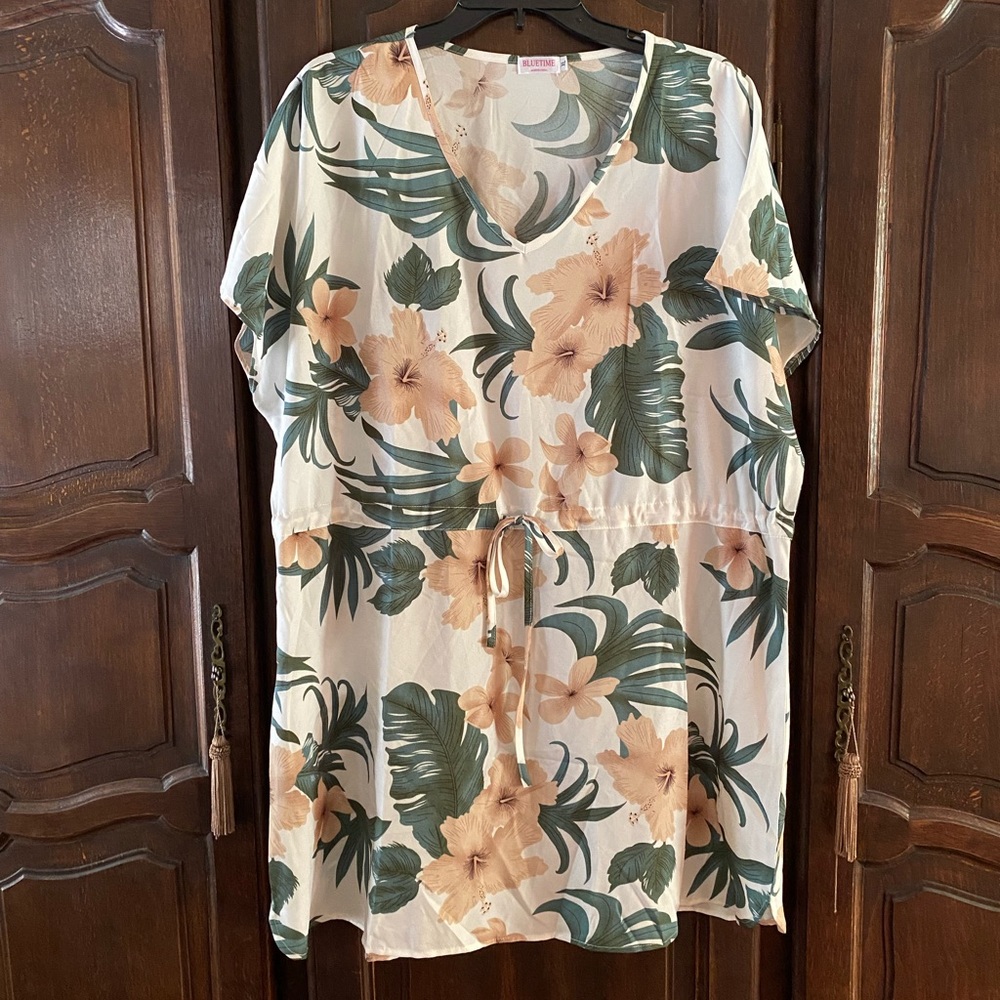 Tropical print dress or bathing suit coverup XL NWOT white tan & green